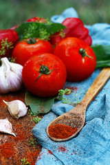 Organic fresh juicy summer vegetables lie on a wooden cutting board: tomatoes, paprika, garlic, herbs and spices in a wooden spoon