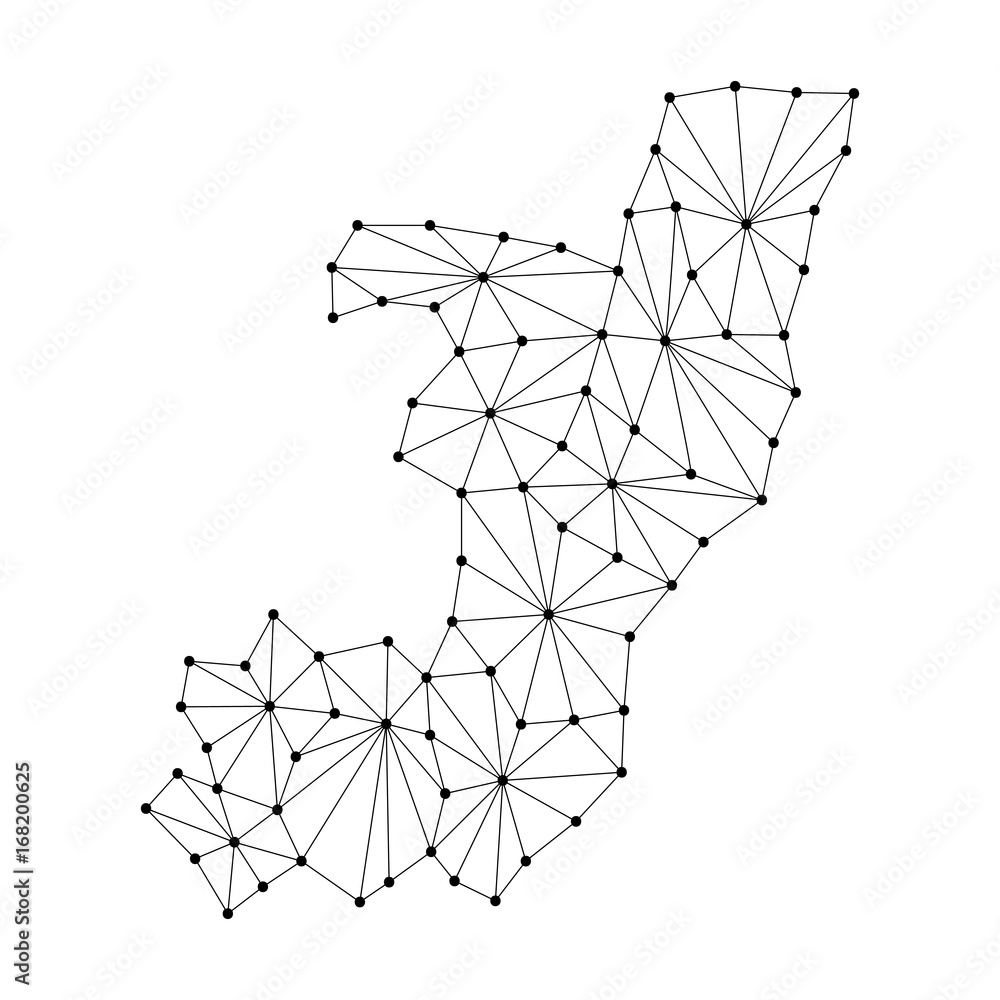 Poster republic of congo map of polygonal mosaic lines network, rays and dots vector illustration.