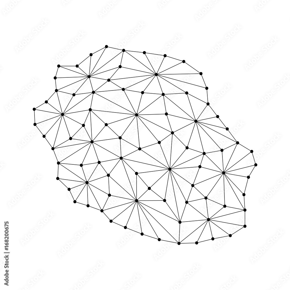 Poster reunion map of polygonal mosaic lines network, rays and dots vector illustration.