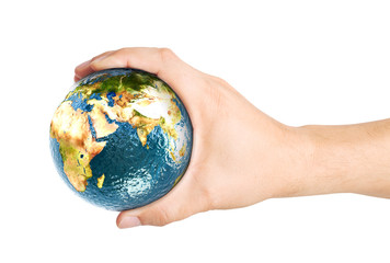 Planet earth on palm. Elements of this image furnished by NASA. 3D illustration.