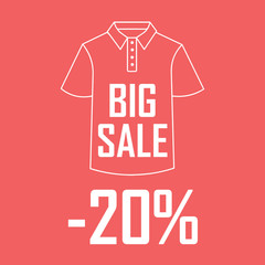 Polo shirt on a red background with a big sale and a twenty percent discount. Cheap, offer, summer sale. Discount on clothes