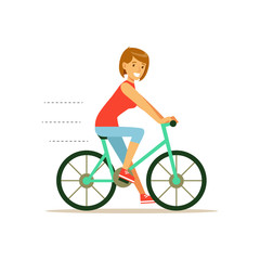 Fototapeta premium Beautiful young woman character riding bicycle vector Illustration