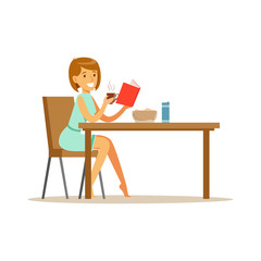 Beautiful young woman character reading bok while having breakfast vector Illustration