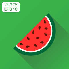 Watermelon icon. Business concept ripe fruit pictogram. Vector illustration on green background with long shadow.
