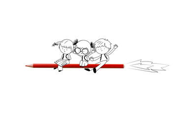 Back to school - Illustration with happy children flying on red crayon rocket
