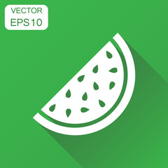 Watermelon icon. Business concept ripe fruit pictogram. Vector illustration on green background with long shadow.