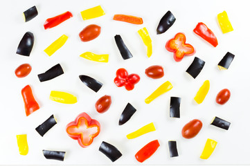 Raw food vegetables isolated on white background in eating pattern, pepper, eggplant, tomato