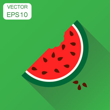 Watermelon icon. Business concept ripe fruit pictogram. Vector illustration on green background with long shadow.