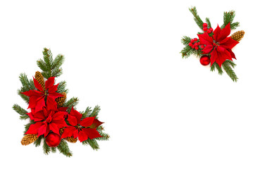Christmas decoration. Flower of red poinsettia, branch christmas tree, christmas ball, red berry...