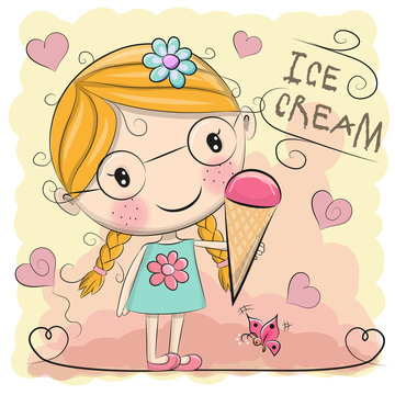 Cute cartoon girl is holding ice cream