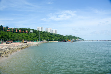 PATTAYA, THAILAND - AUGUST 13, 2017: Coast of the Pattaya beach and Pattaya city sign