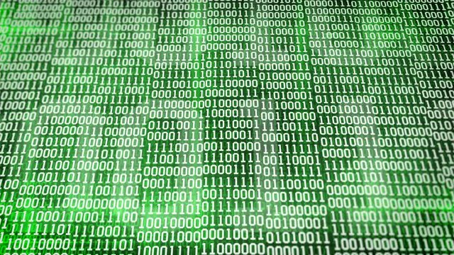 binary code screen listing table on green background.