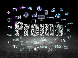 Advertising concept: Promo in grunge dark room