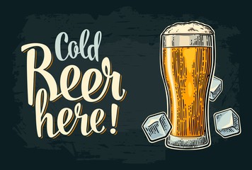 Cold beer here calligraphy lettering. Vintage vector engraving
