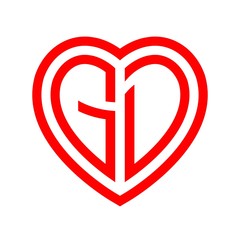 initial letters logo gd red monogram heart love shape