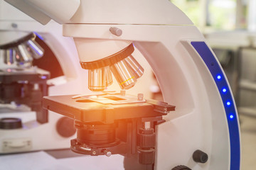 close up microscope equipment for research experiments in science laboratory
