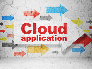 Obraz premium Cloud computing concept: arrow with Cloud Application on grunge wall background