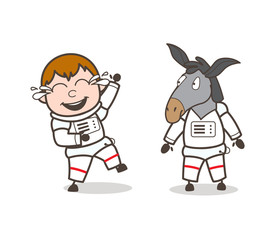 Cartoon Laughing Cosmonaut with Animal Astronaut Vector Illustration
