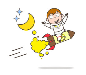 Cartoon Cosmonaut Flying on Rocket Vector Illustration