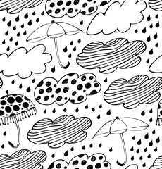Rainy seamless background. Lace pattern with clouds, umbrellas and drops of rain. Graphic texture with many beauty details