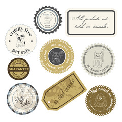 vector illustration of a set of cruelty free vintage labels with hand drawn plushies animals