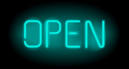 Open realistic neon inscription. Light sign on black background. Can be used for advertising and promotion, design flyer or placard.