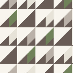 Seamless pattern in gray, brown, white, green colors. Geometrical forms: triangle, square, rectangle. Vector illustration.