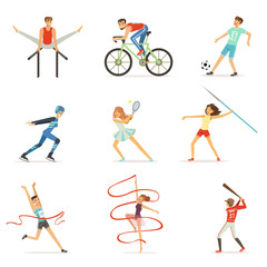 Fototapeta na wymiar Men and women doing various kinds of sports, sport people colorful vector Illustrations