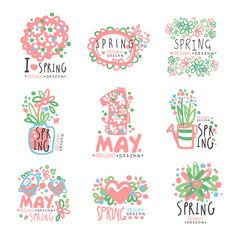 1 May set original design. Spring holidays, First May, International labor day colorful hand drawn vector Illustrations