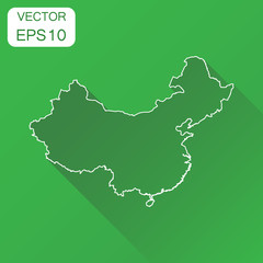 China map icon. Business concept China line map pictogram. Vector illustration on green background with long shadow.