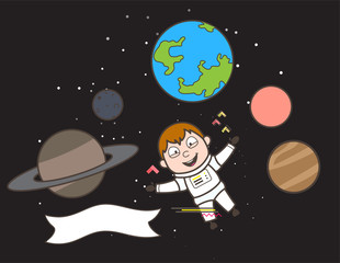 Cartoon Space-Traveler Flying Between Planets Vector Illustration