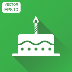 Cake muffin icon. Business concept baking pie desert pictogram. Vector illustration on green background with long shadow.