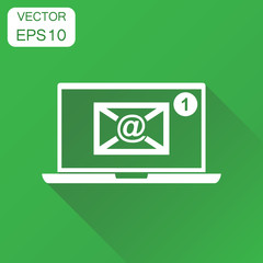 Email envelope message on laptop icon. Business concept e-mail inbox pictogram. Vector illustration on green background with long shadow.