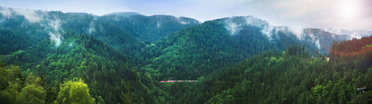 Panorama of small train in Black Forest covered in soft clouds