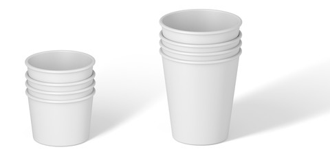 White Paper Cup close up. tasty on white table. stack. Exhibition equipment. Set template for the placement of the logo. Part 1.