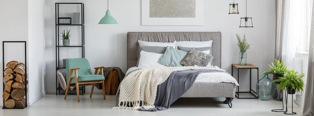 Cozy mint and grey bedroom