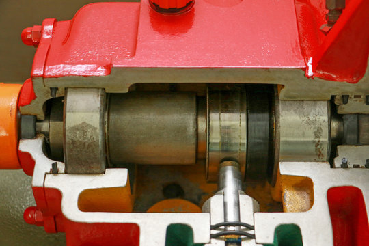 Engine Pump Water Exploded View Of Firefighting Machine Hydraulics Tool Of Fire Engine. Engine Pump Water Overview Or Cross Section Of Firefighting Truck Equipment.