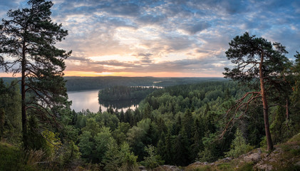 Scenic view with lake and sunset at summer morning in National Park Aulanko, Hämeenlinna, Finland - 168211298