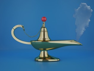 Golden magic Aladdin Lamp 3d rendering on a blue background
