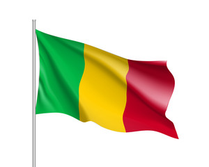 Mali flag. Illustration of African country waving flag on flagpole. Vector 3d icon isolated on white background. Realistic illustration