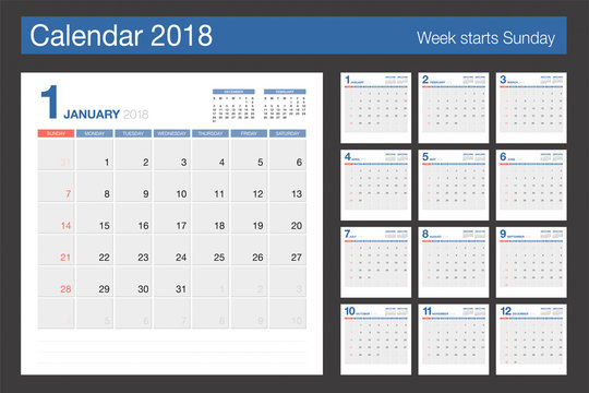 2018 Calendar. Desk Calendar modern design template. Week starts Sunday.