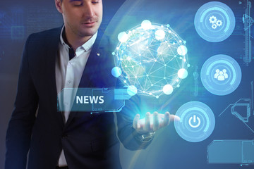 Business, Technology, Internet and network concept. Young businessman working on a virtual screen of the future and sees the inscription: News