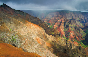 Aerial view into Waimea Canyon, also known as the Grand Canyon of the Pacific on the island of Kauai, Hawaii