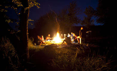 The company of young people are sitting around the bonfire and singing songs
