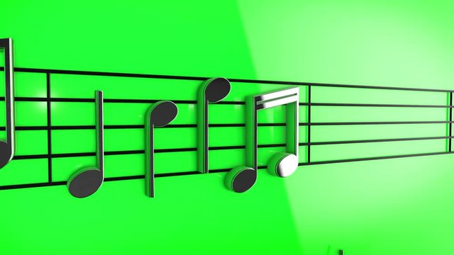 3D Music notes on staves on green background.