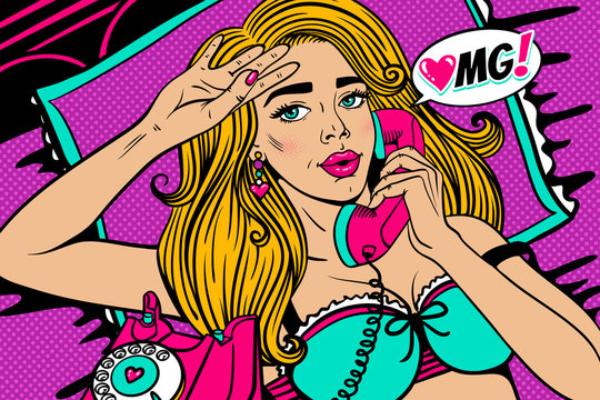 Pop art female face. Closeup of sexy young blonde woman with open mouth lying in bed and holding old phone handset and OMG! speech bubble. Vector bright illustration in pop art retro comic style.