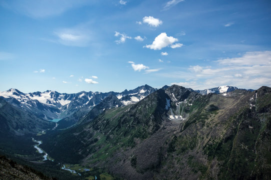 Top view of the valley between the high mountains