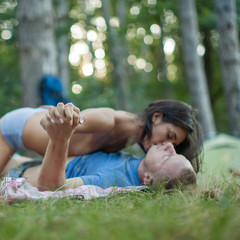 Passionate couple kissing, boy and girl. Having sex. Young lovers. People in love. Positions...