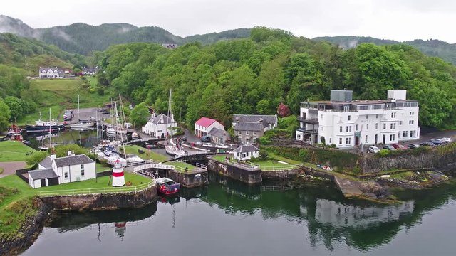 Aerial view of the beautiful historic harbour village of Crinan