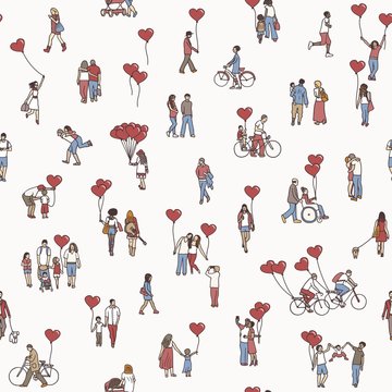 Love is all around - seamless pattern of tiny people holding heart shaped balloons - a diverse collection of small hand drawn men, women and kids 